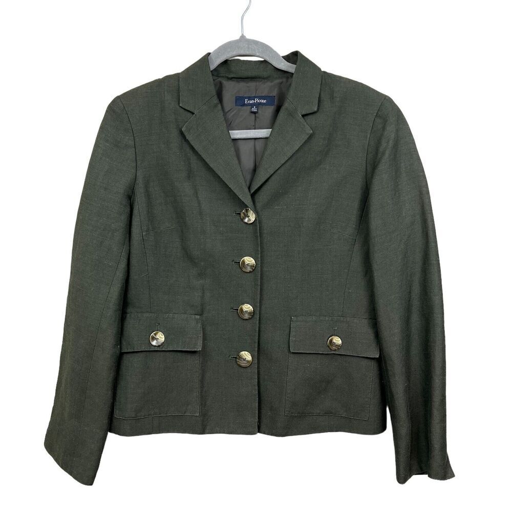 Evan Picone Womens Linen Blazer Suit Four Button Lined Flap Pockets Green Sz 8*